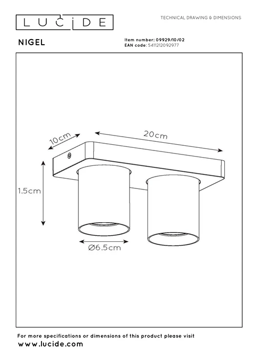 Lucide NIGEL - Spot plafond - LED Dim to warm - GU10 - 2x5W 2200K/3000K - Or Mat / Laiton - technique